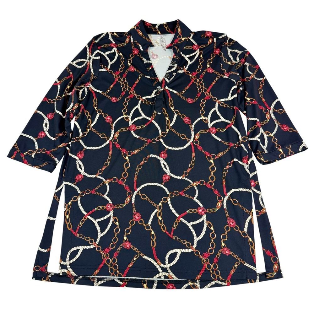 Lulu B Womans Sz S Henley Tunic Top Black Chain Print‎ UPF 50 Equestrian V Neck